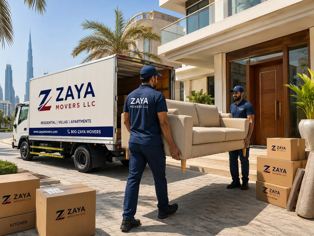 Zaya Movers home shifting team moving furniture and boxes in Dubai